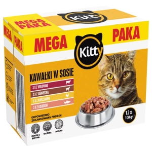 Karma dla kotów dorosłych Kitty MIX smaków Kawałki w sosie MEGA PAKA 1,2kg