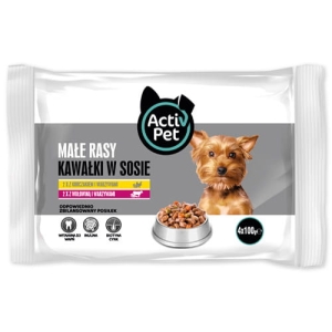 Karma dla psa Kawałki w sosie z kurczakiem wołowiną i warzywami Activ Pet małe rasy 4x100 g 