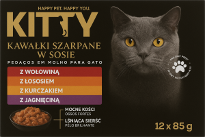 KITTY Kawałi szarpane w sosie dla kota kurczak/wołowina/łosoś 12x85g
