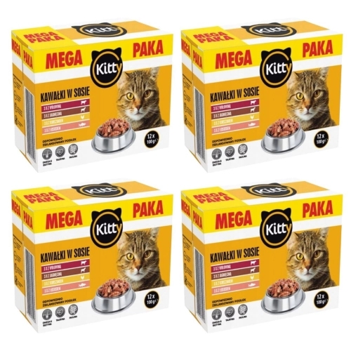 Karma dla kotów dorosłych Kitty MIX smaków Kawałki w sosie MEGA PAKA 4x1,2kg