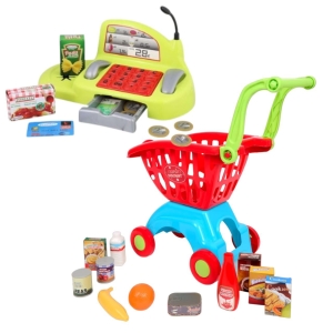 Zabawkowy wózek na zakupy , kasa sklepow, towary i pieniążki  32 elementy
