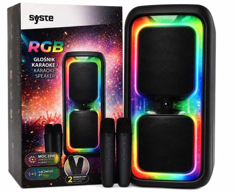 Głośnik karaoke Syste RGB 20W BT z 2 mikrofonami Przenośny bezprzewodowy – zdjęcie 2