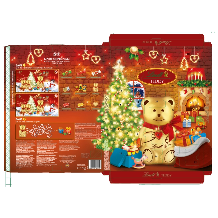 LINDT TEDDY KALENDARZ ADWENTOWY 170G 24 CZEKOLADKI MIŚ PREZENT ŚWIĘTA