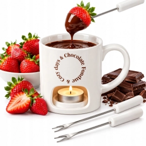 DUŻY CERAMICZNY KUBEK ZESTAW DO FONDUE CZEKOLADOWEGO WIDELCZYKI COZY DAYS