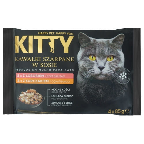 Karma dla kota Kawałki szarpane w sosie Kurczak Łosoś 4x85g Kitty.jpg