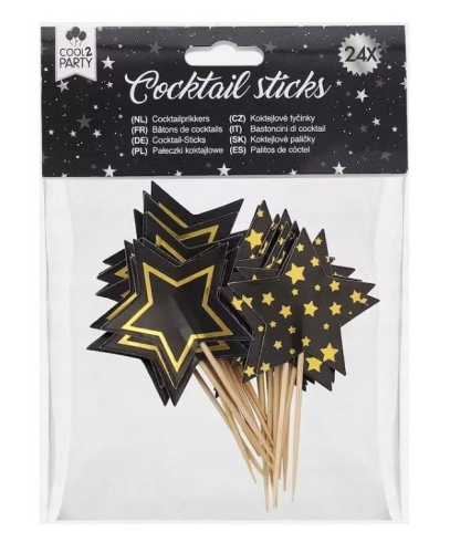 Sylwestrowe patyczki koktajlowe gwiazdki ze złotym 24szt..JPG
