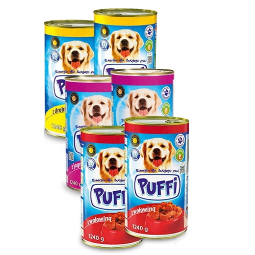Karma mokra dla psa PUFFI mix smaków puszka 1240g x 6 szt