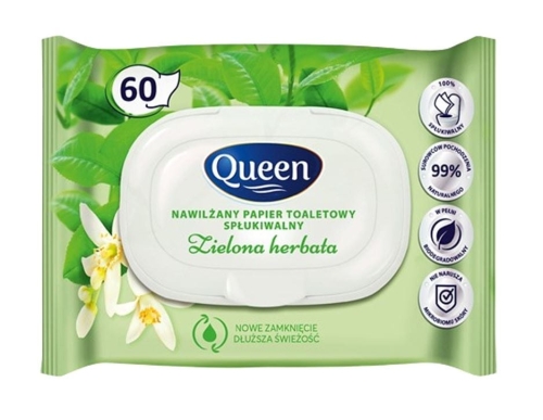 Queen Nawilżany papier toaletowy spłukiwalny Zielona herbata 60 szt.JPG