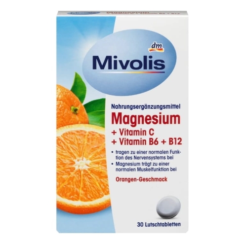 Mivolis Magnez + witaminy C, B6, B12 tabletki do ssania o smaku pomarańczy 30 szt 45 g.jpg