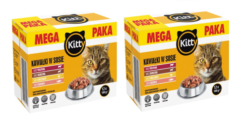 Karma dla kotów dorosłych Kitty MIX smaków Kawałki w sosie MEGA PAKA 2,4kg.png