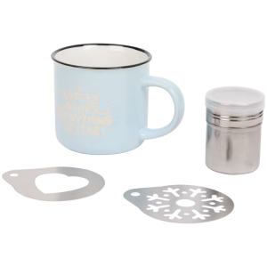 Zestaw Barista 4 elementy Sitko Szablony i Kubek  340 ml Błękitny