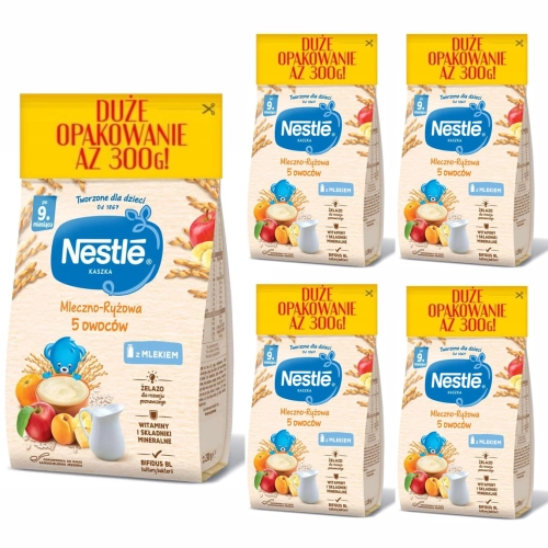 NESTLE Kaszka mleczno-ryżowa 5 owoców - po 9 miesiącu 5x300g