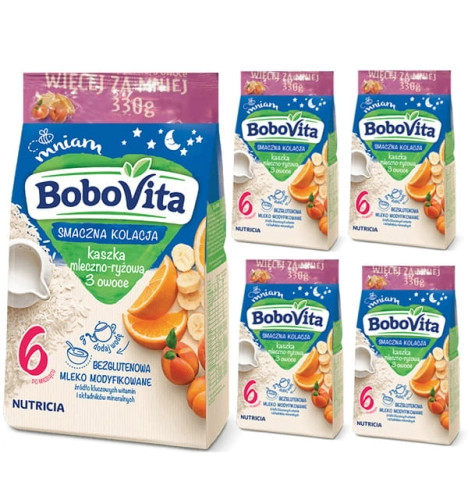 BoboVita Kaszka Smaczna kolacja mleczno-ryżowa 3 owoce 5x330g 6+