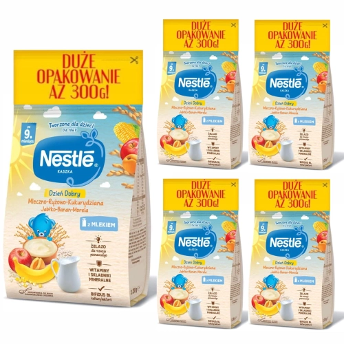 NESTLE Kaszka mleczno-ryżowa Jabłko Banan Morela po 9 miesiącu 5x300g