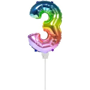 Balon foliowy z patyczkiem 36 cm Tęczowy Cyfra 3