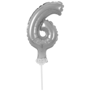 Balon foliowy z patyczkiem 36 cm Srebrna Cyfra 6