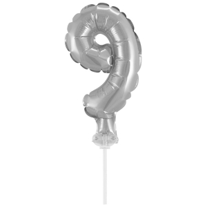 Balon foliowy z patyczkiem 36 cm Srebrna Cyfra 9